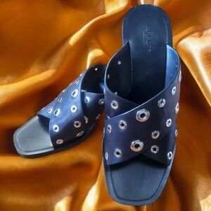 Rag & Bone Paige Dress Up Studded  Black Slide Sandals with Silver Details